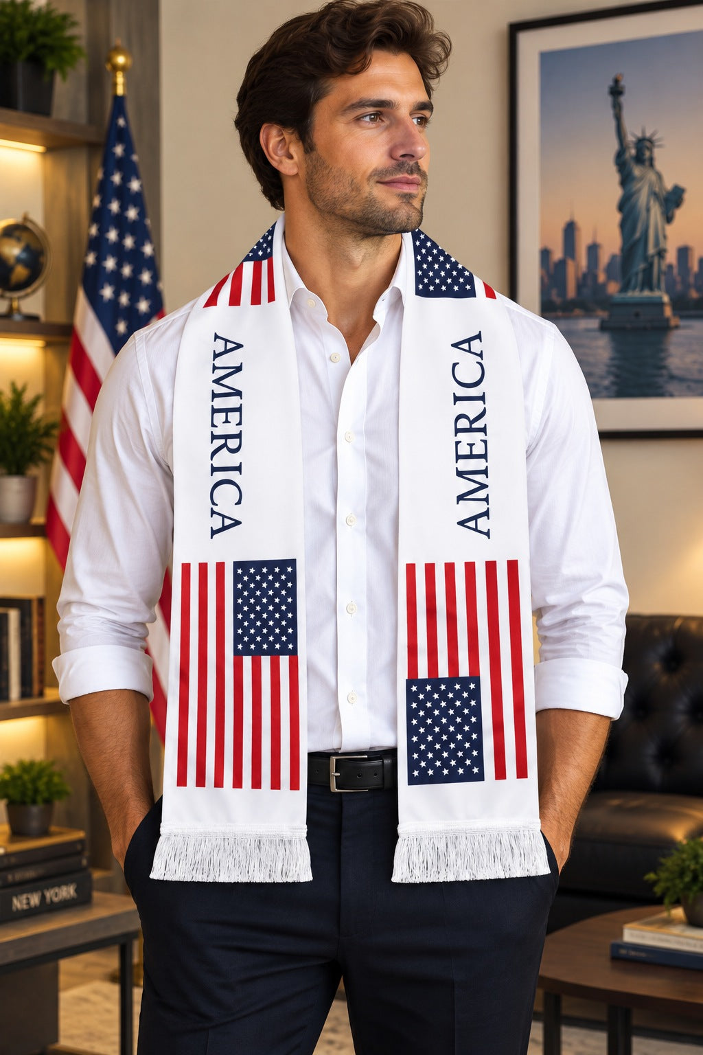 Écharpe de Supporter Satin – Drapeau des États-Unis portée autour du cou par un homme en chemise blanche