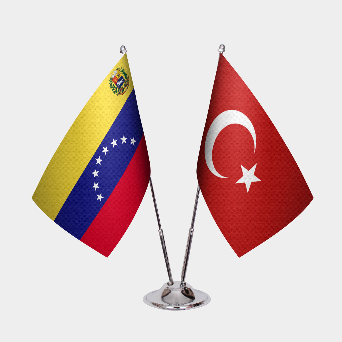 Venezuela and Turkey desk flag set with chrome pole and base