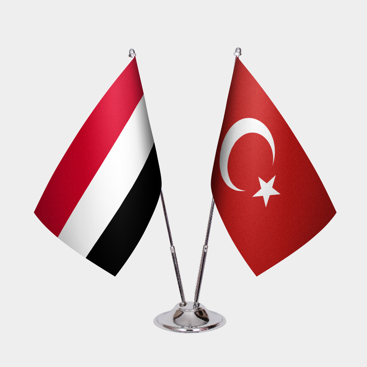 Yemen and Turkey desk flag set with chrome pole and base