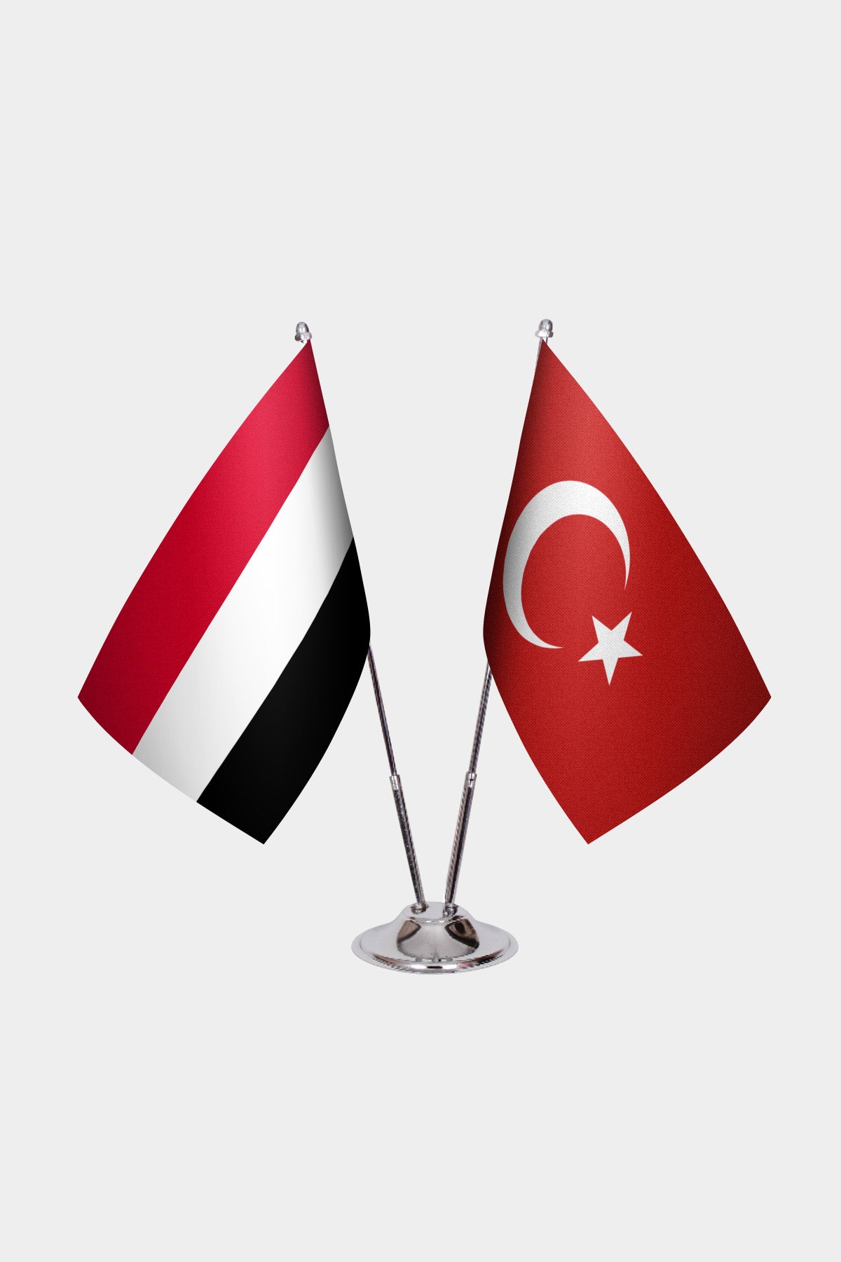 Yemen and Turkey desk flag set with chrome pole and base