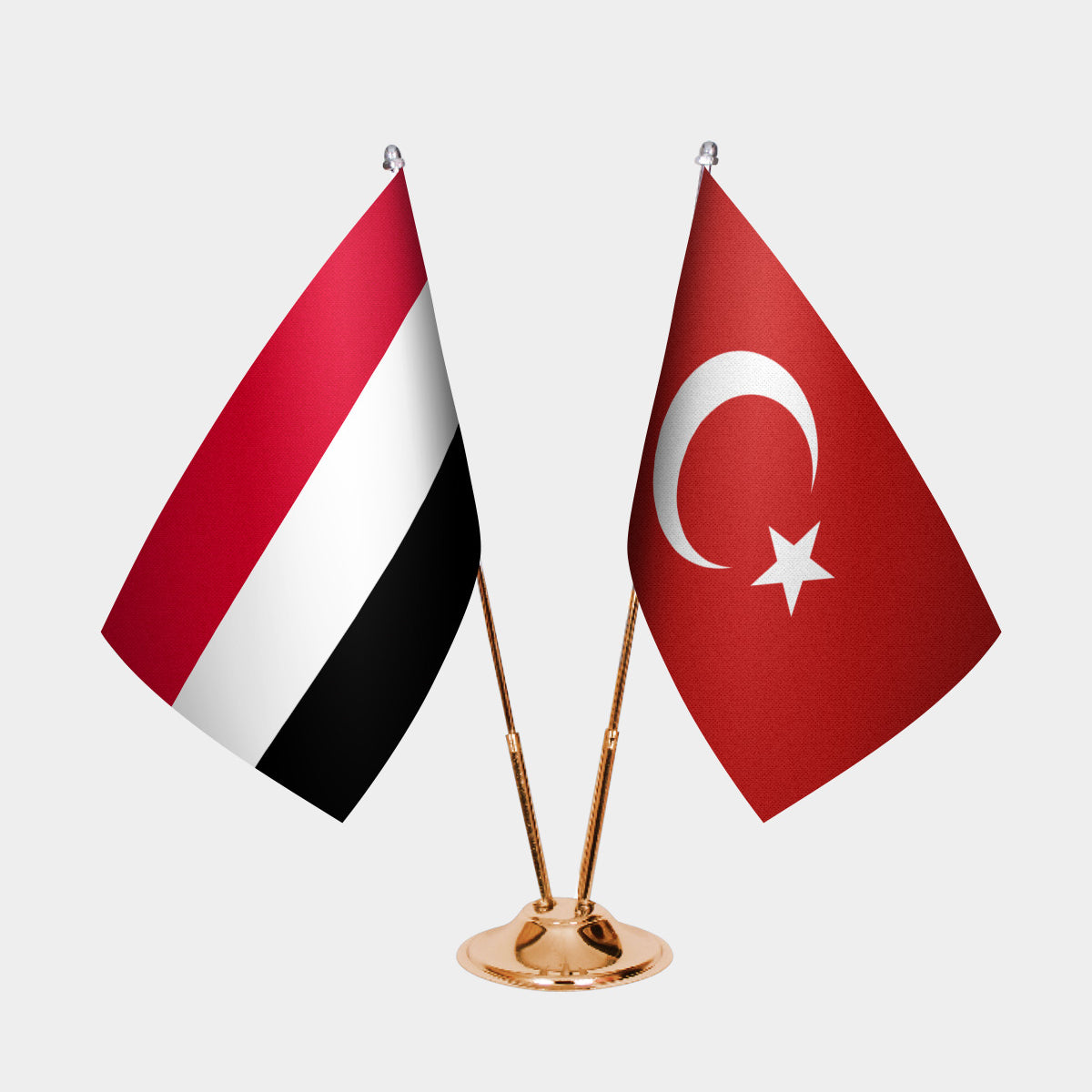 Yemen and Turkey desk flag set with gold pole and base