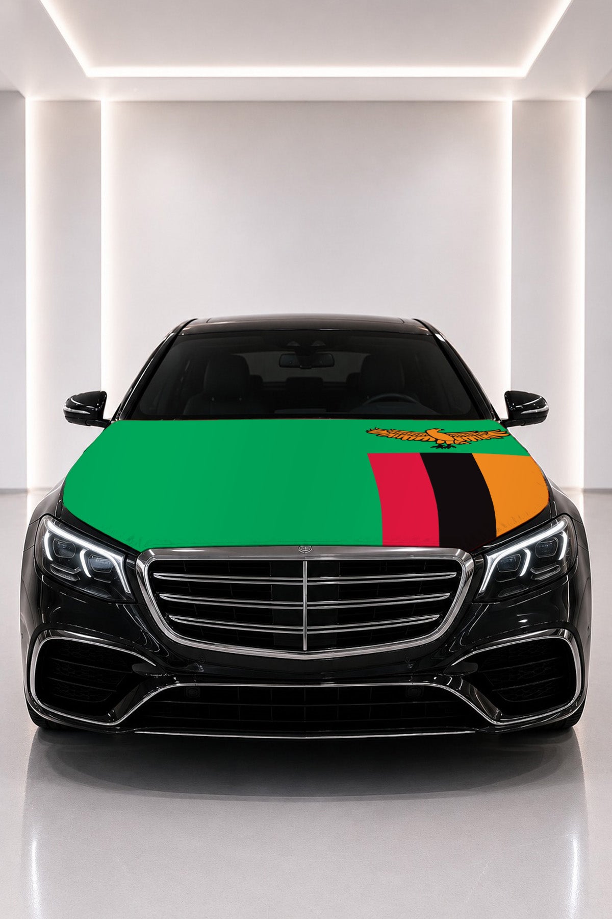 Zambia flag car hood cover fitted on a black car bonnet