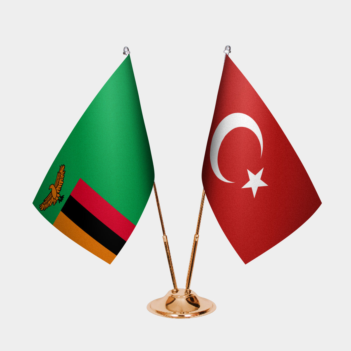 Zambia and Turkey desk flag set with gold pole and base
