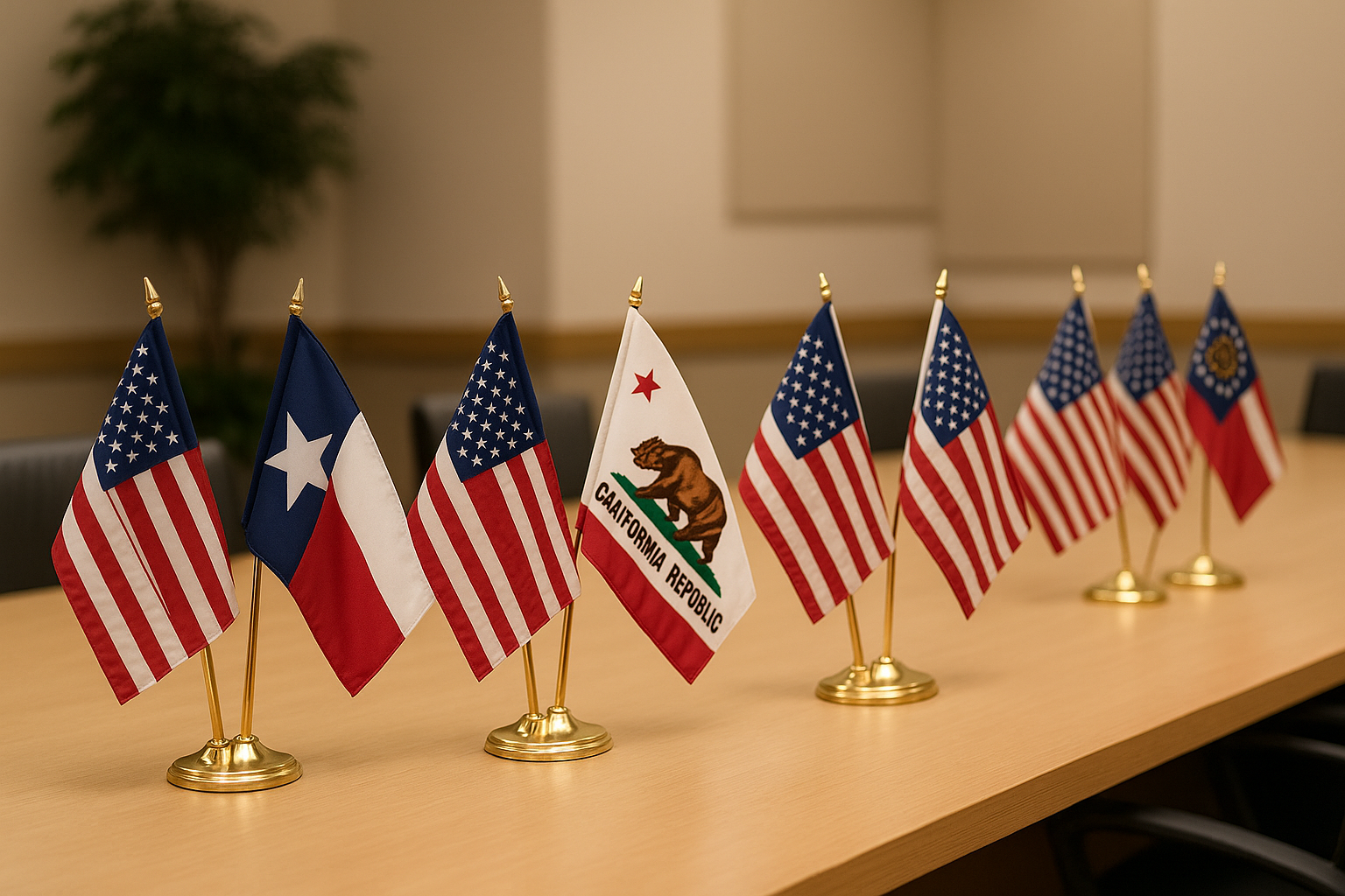 U.S. and state dual desk flag sets displayed on an office table – Asya Bayrak