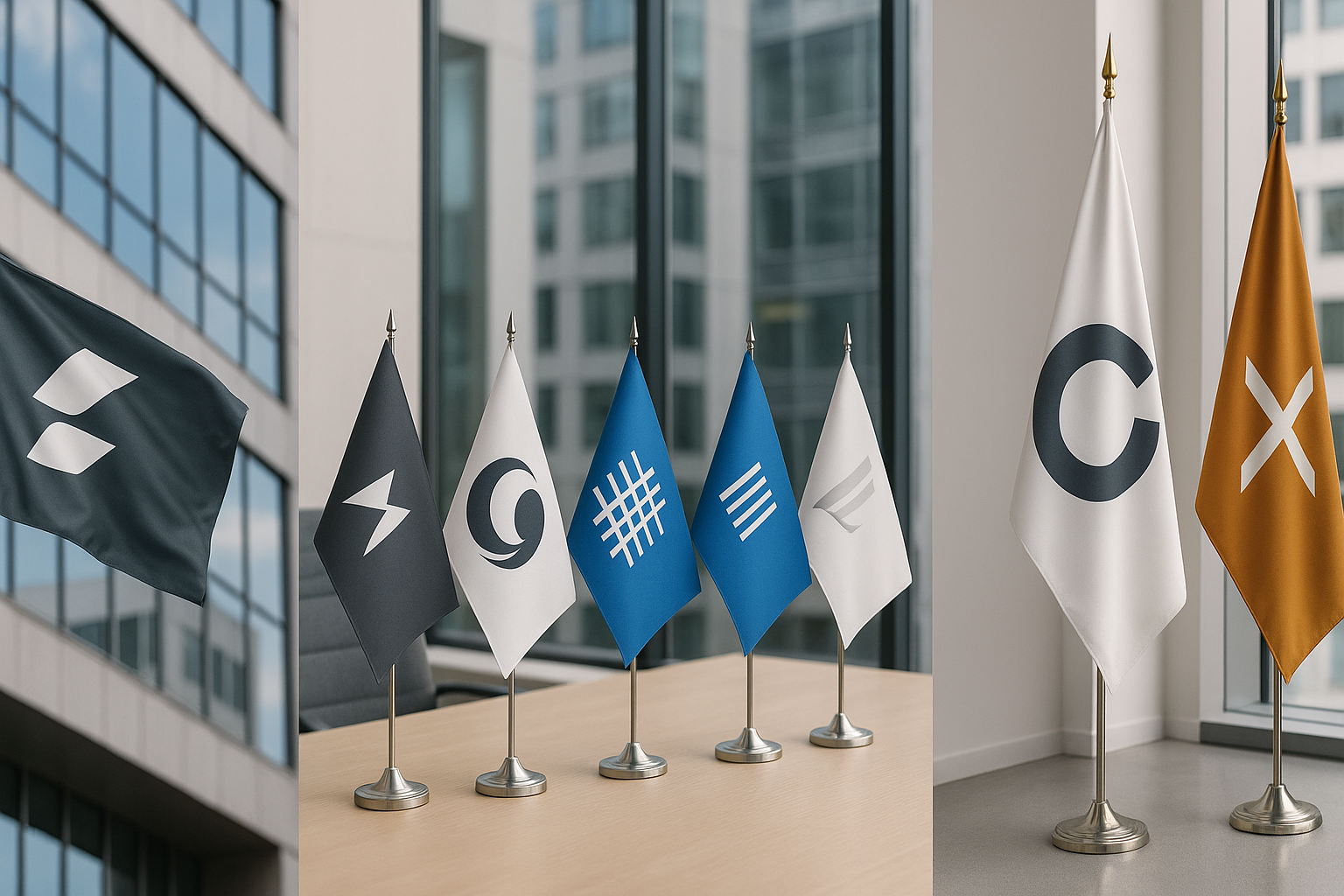 Corporate flags with custom logos displayed at an office – Asya Bayrak