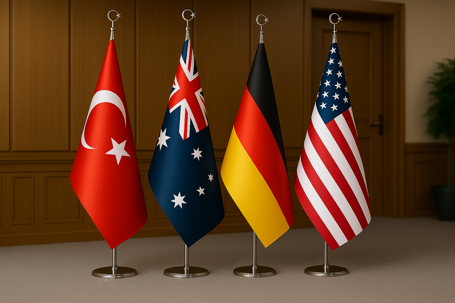 Elegant indoor flags with chrome poles and gold fringes in office – Asya Bayrak