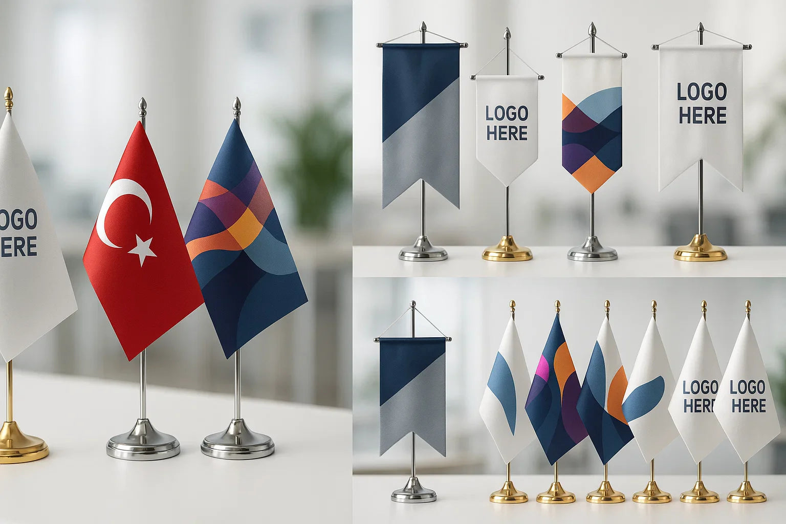 Custom logo printed desk flags with chrome bases on office table – Asya Bayrak