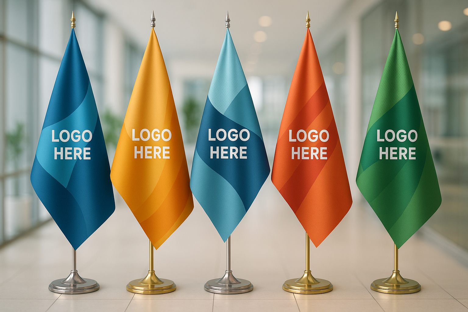 Corporate logo printed indoor flags with gold fringes in an office – Asya Bayrak