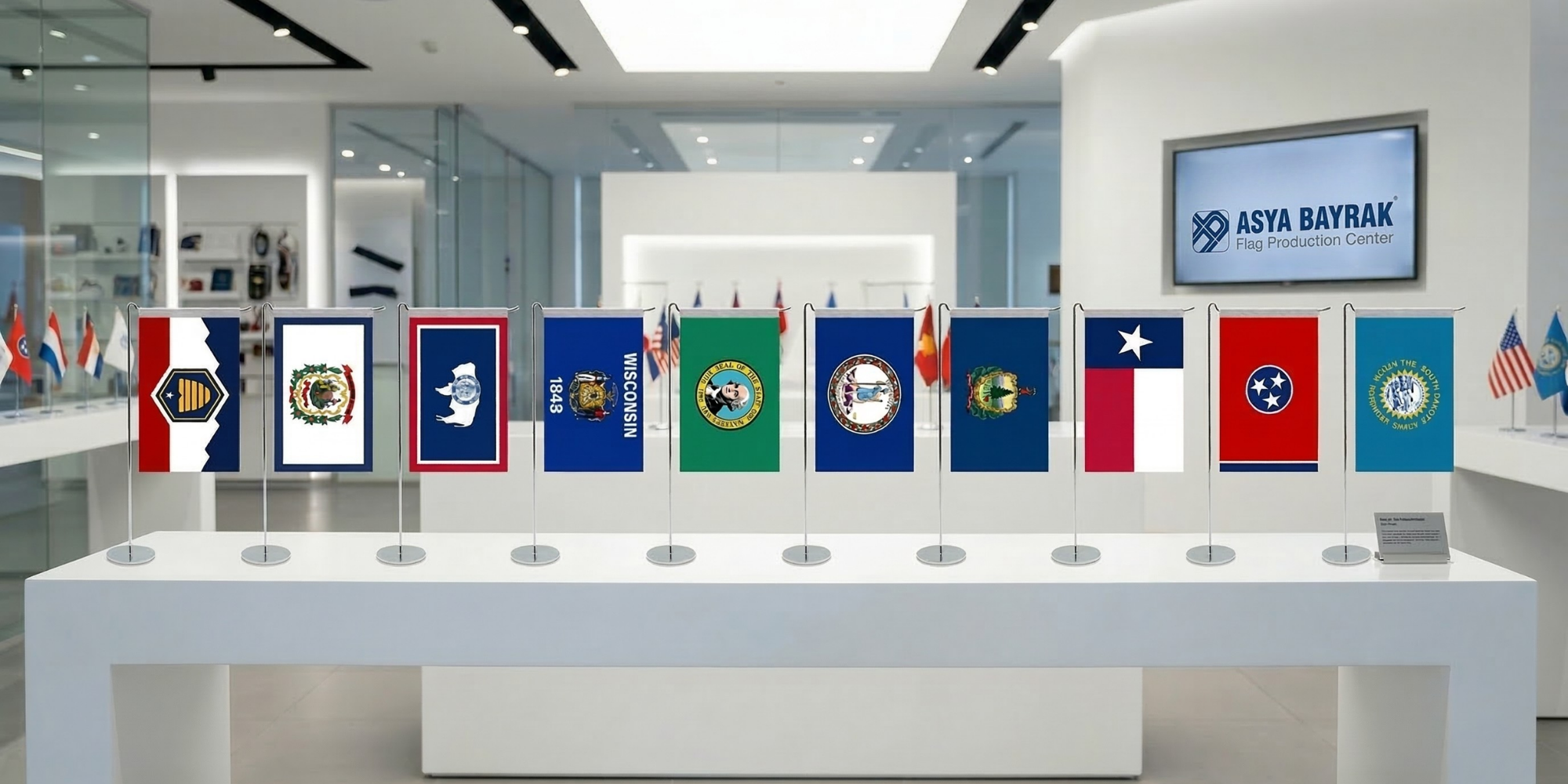 Premium state desk flags with chrome L-stands.