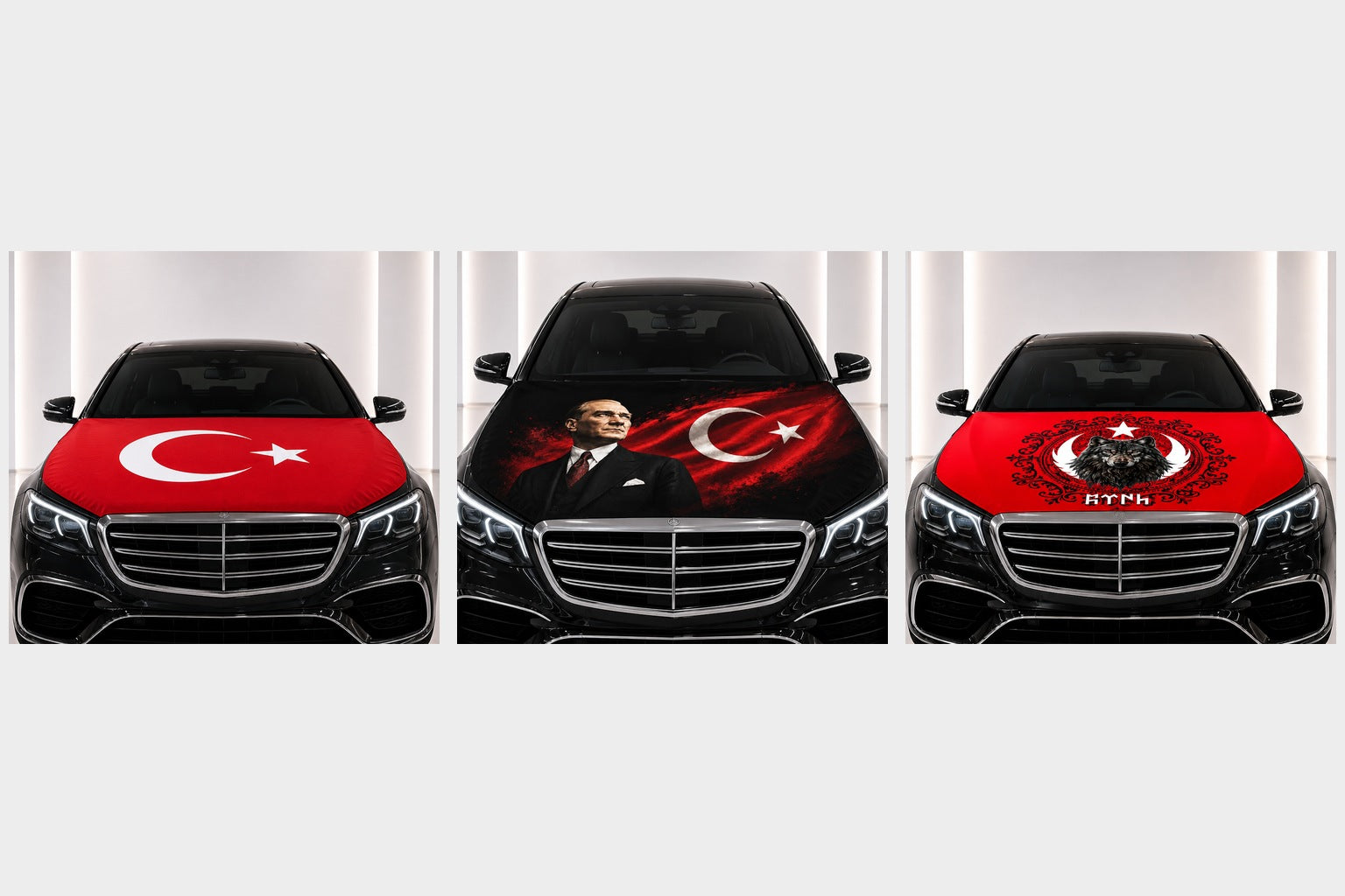 Turkish car hood flags — Turkish flag, Atatürk and grey wolf designs on car bonnets