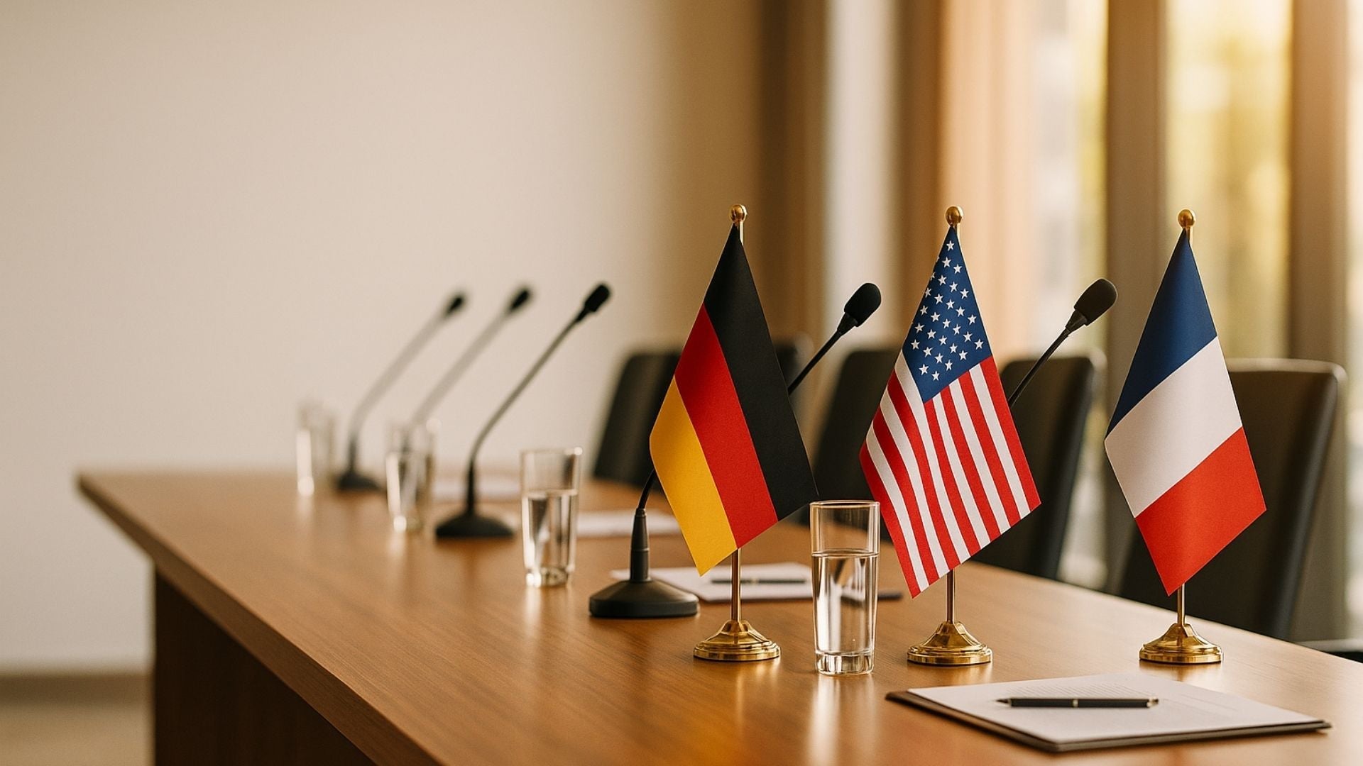 National country desk flags with chrome bases on an office table – Asya Bayrak