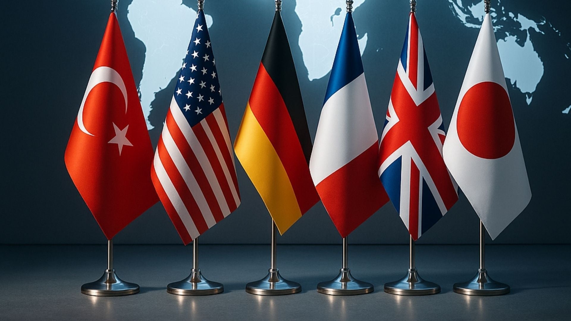 National indoor flags with gold fringes displayed in a government office – Asya Bayrak