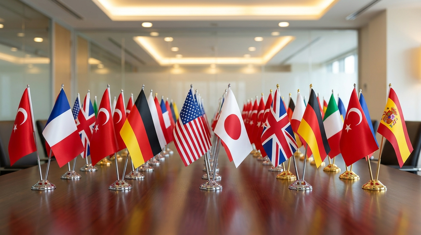 Turkey and country dual desk flag sets displayed on an office conference table