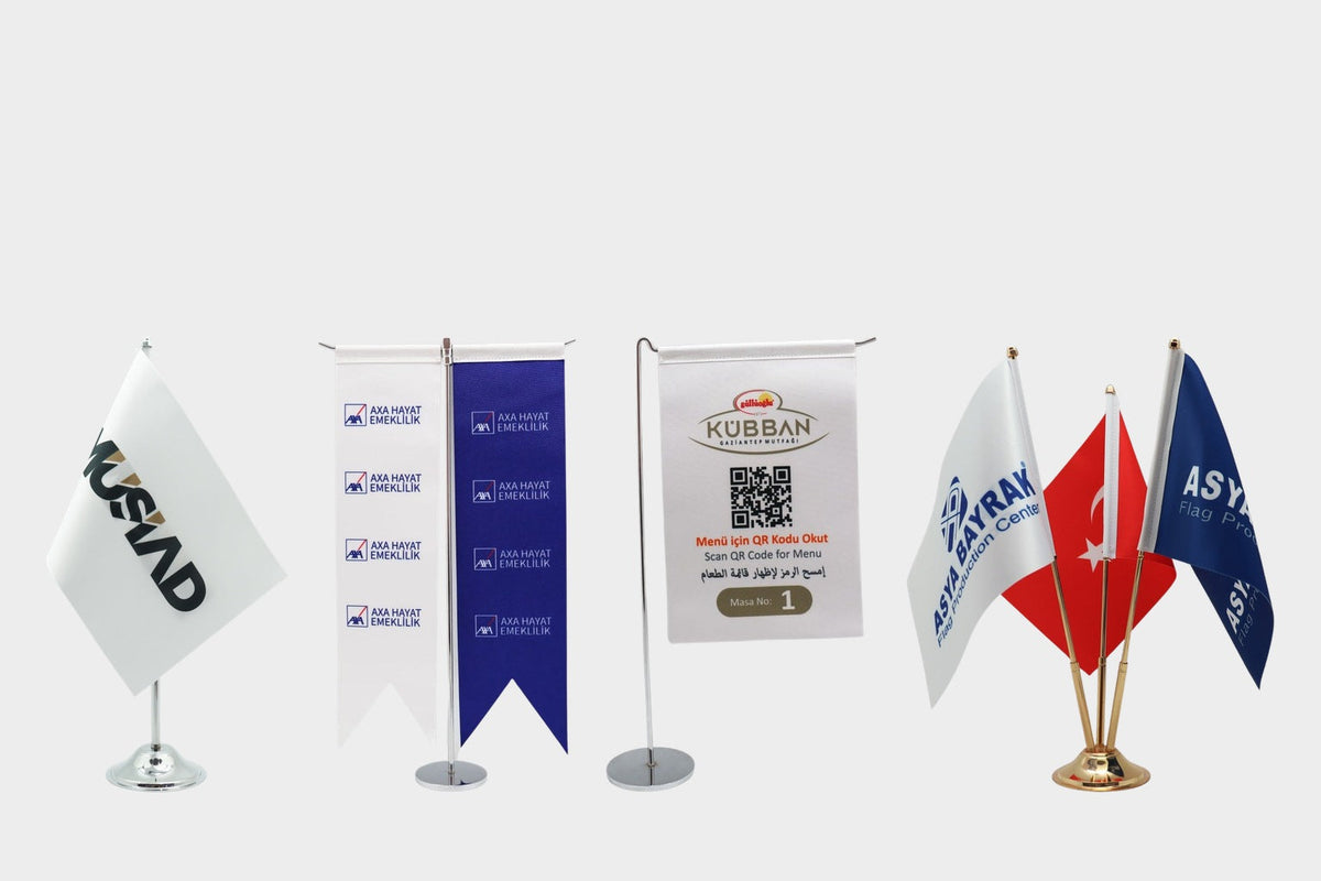 Logo printed desk flags — single, swallowtail T-shaped, L-shaped and triple sets with chrome and gold poles