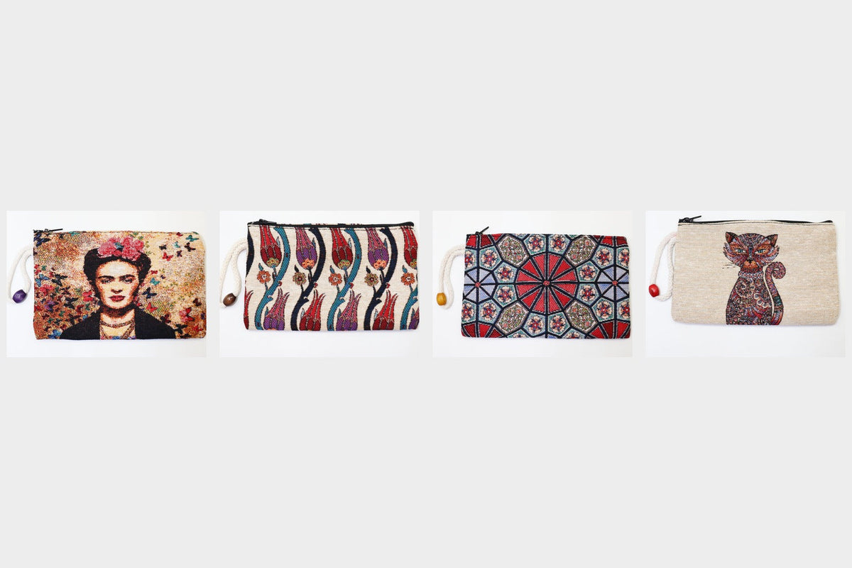 Woven clutch wallets in Frida Kahlo, Ottoman tulip, Iznik ceramic and mosaic cat motifs
