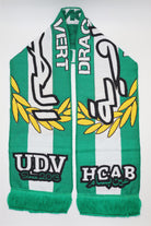 Custom woven supporter scarf example — green, white and yellow laurel design with crest badges