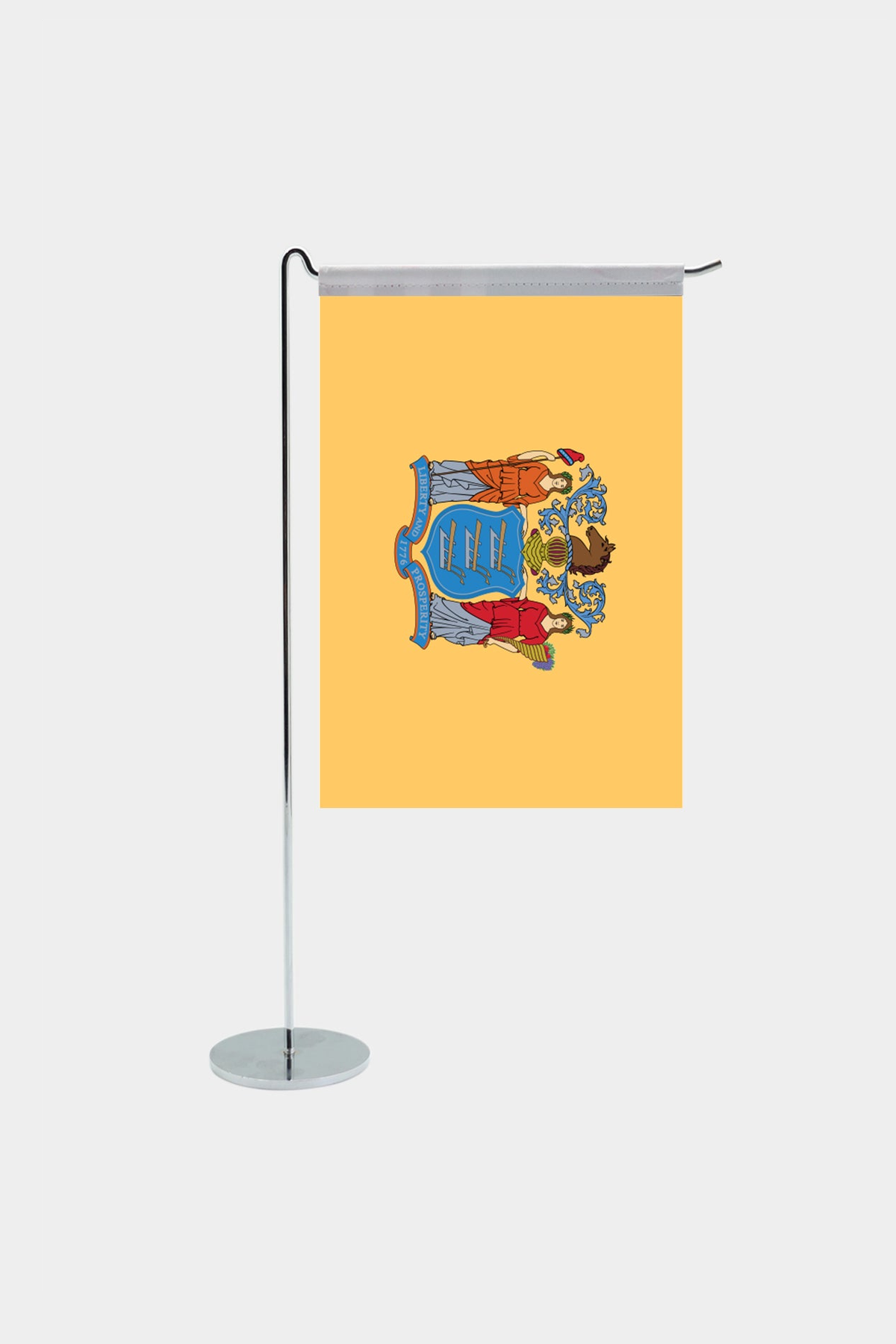 New Jersey state desk flag with chrome L-shaped stand - premium double-layer satin office flag