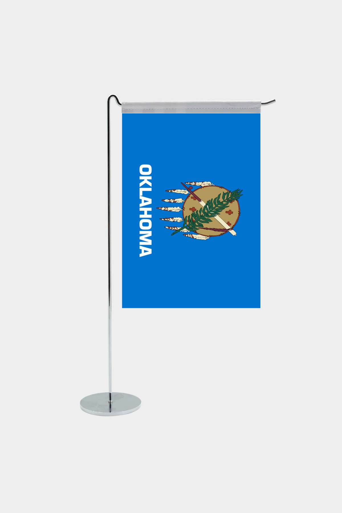 Oklahoma state desk flag with chrome L-shaped stand - premium double-layer satin office flag
