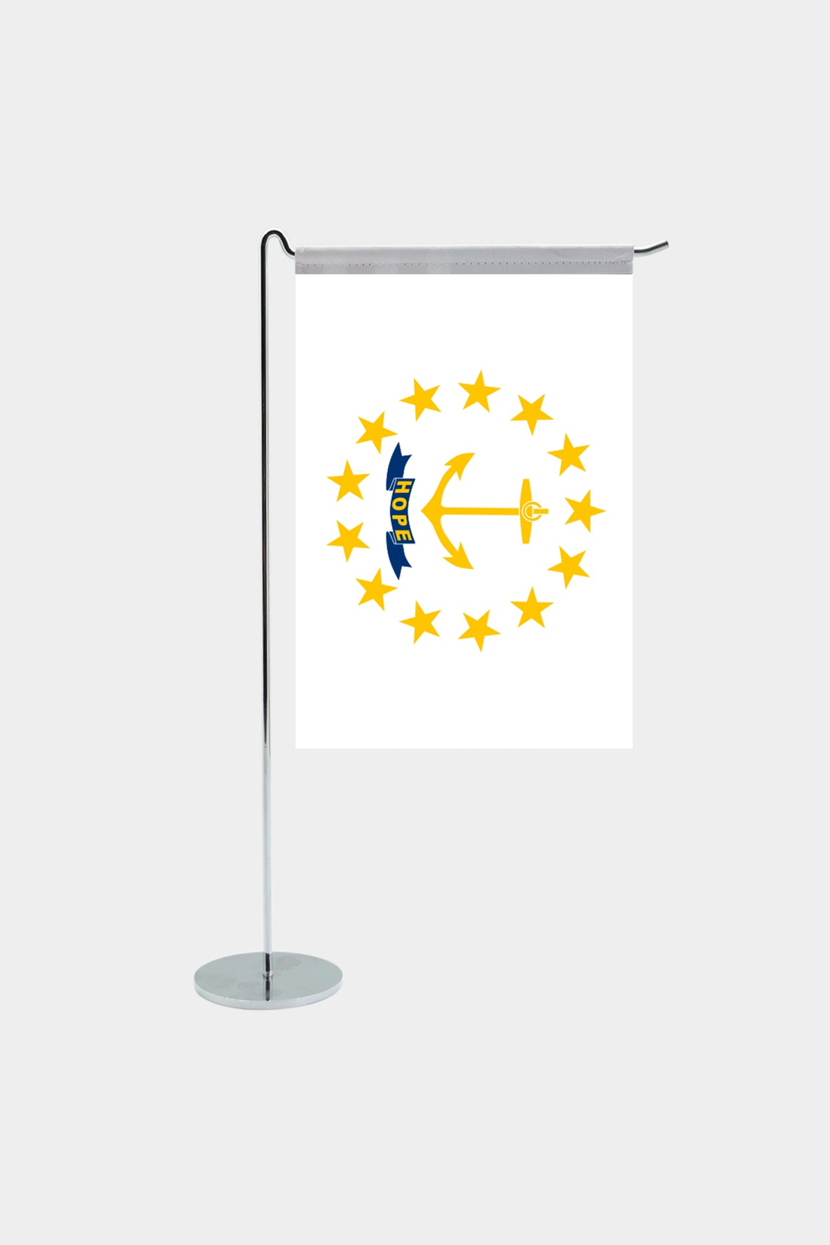 Rhode Island state desk flag with chrome L-shaped stand - premium double-layer satin office flag