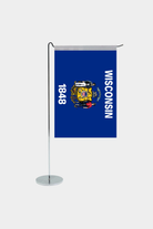 Wisconsin state desk flag with chrome L-shaped stand - premium double-layer satin office flag