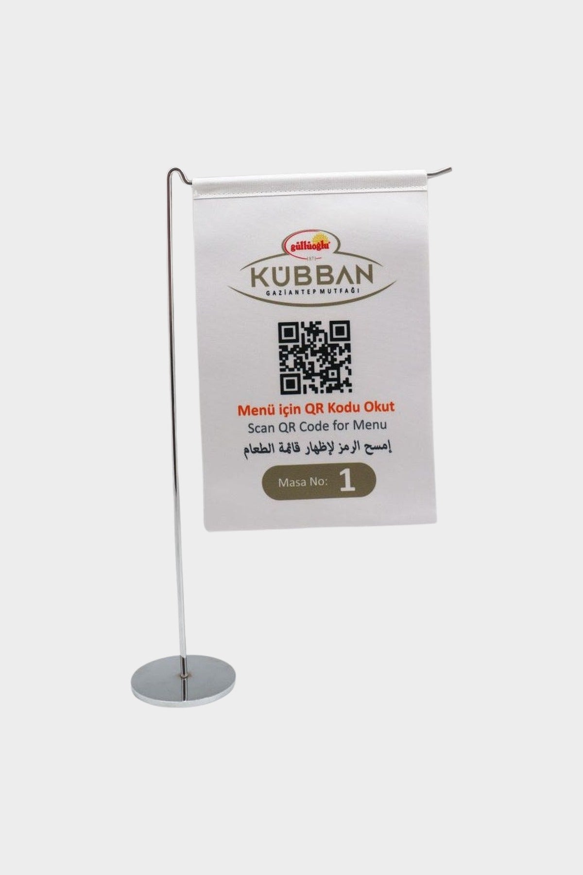 Logo Printed L-Shaped Desk Flag with gold pole, 15 × 22.5 cm flag on a weighted base (1)