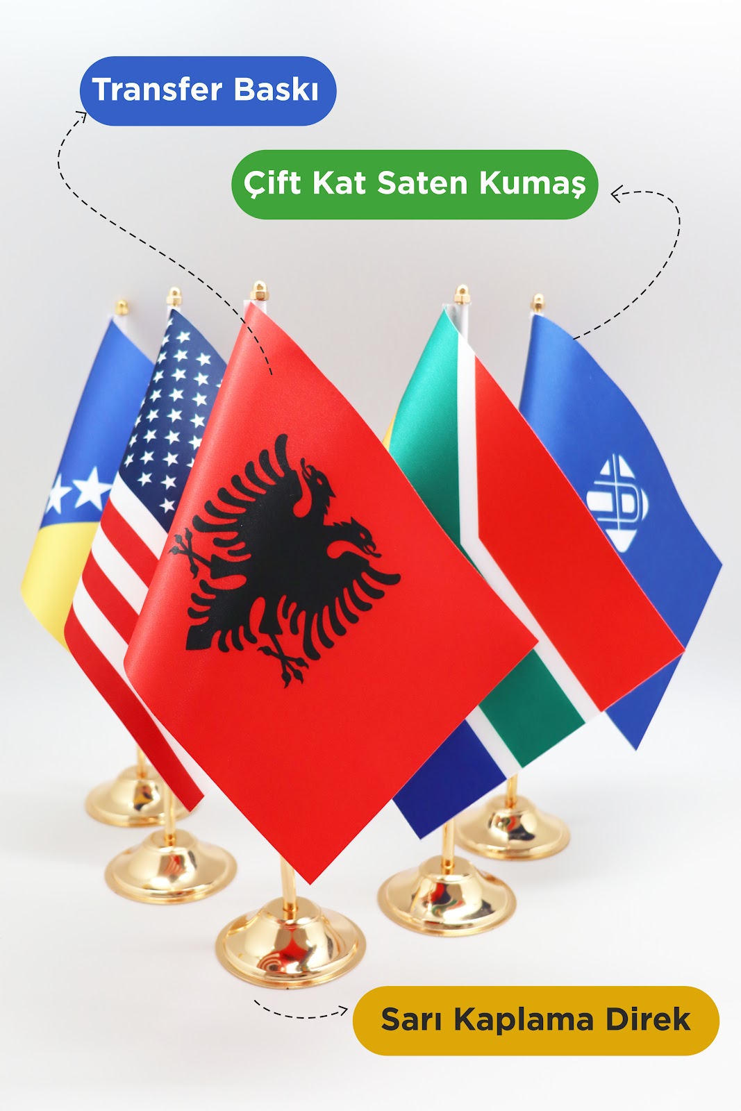 Gold Desk Flag Detail - Premium Metal Stand Close-up