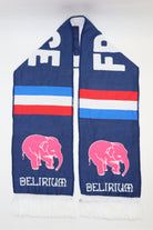Custom woven supporter scarf example — Delirium beer brand design in navy blue with pink elephant motif