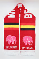 Belgium themed custom woven scarf example — Delirium design with black, yellow and red flag stripes