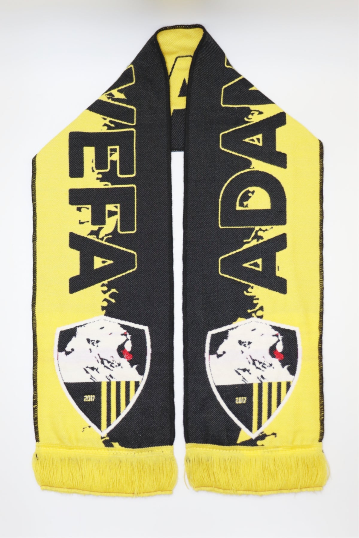 Custom woven sports club scarf example — WEFA ADA team crest in yellow and black