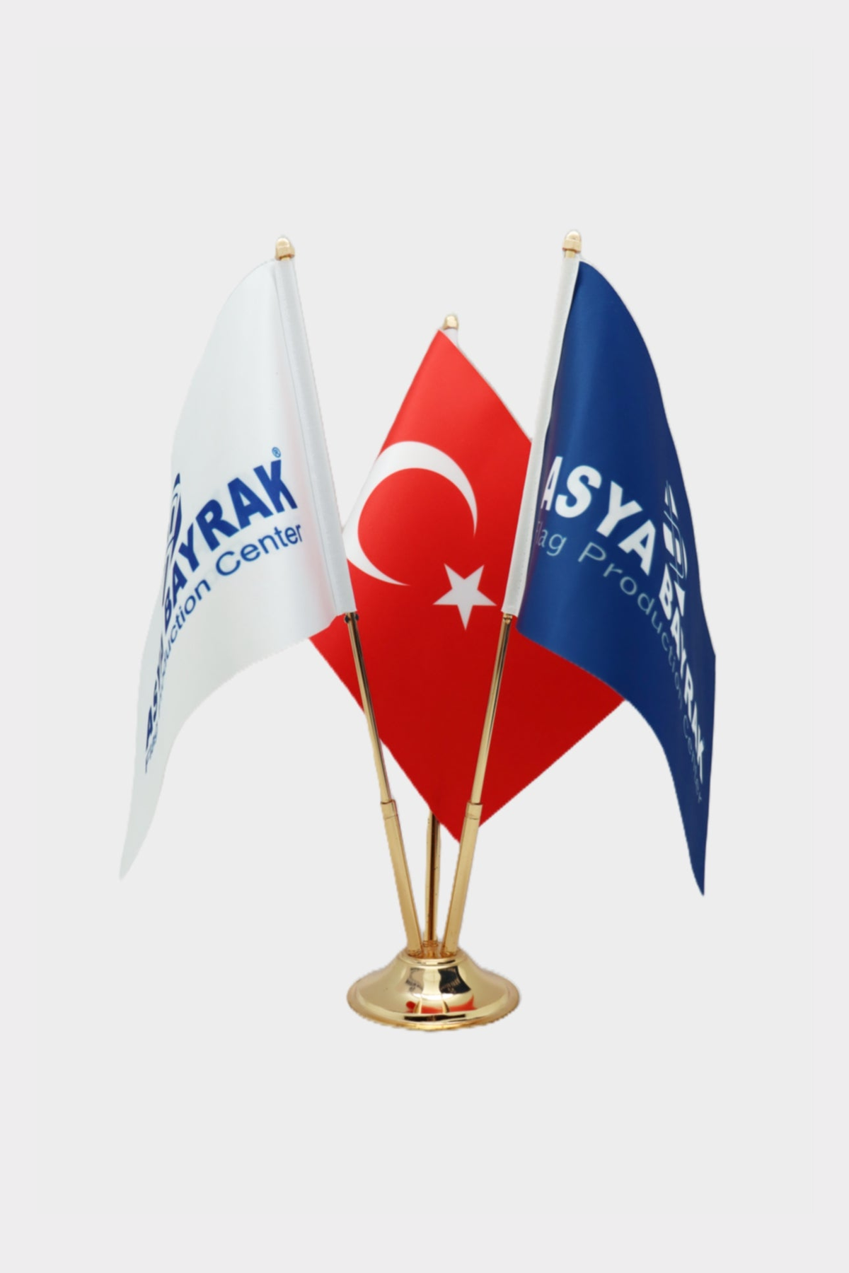 Altın kaideli logo baskılı üçlü Türk masa bayrağı seti