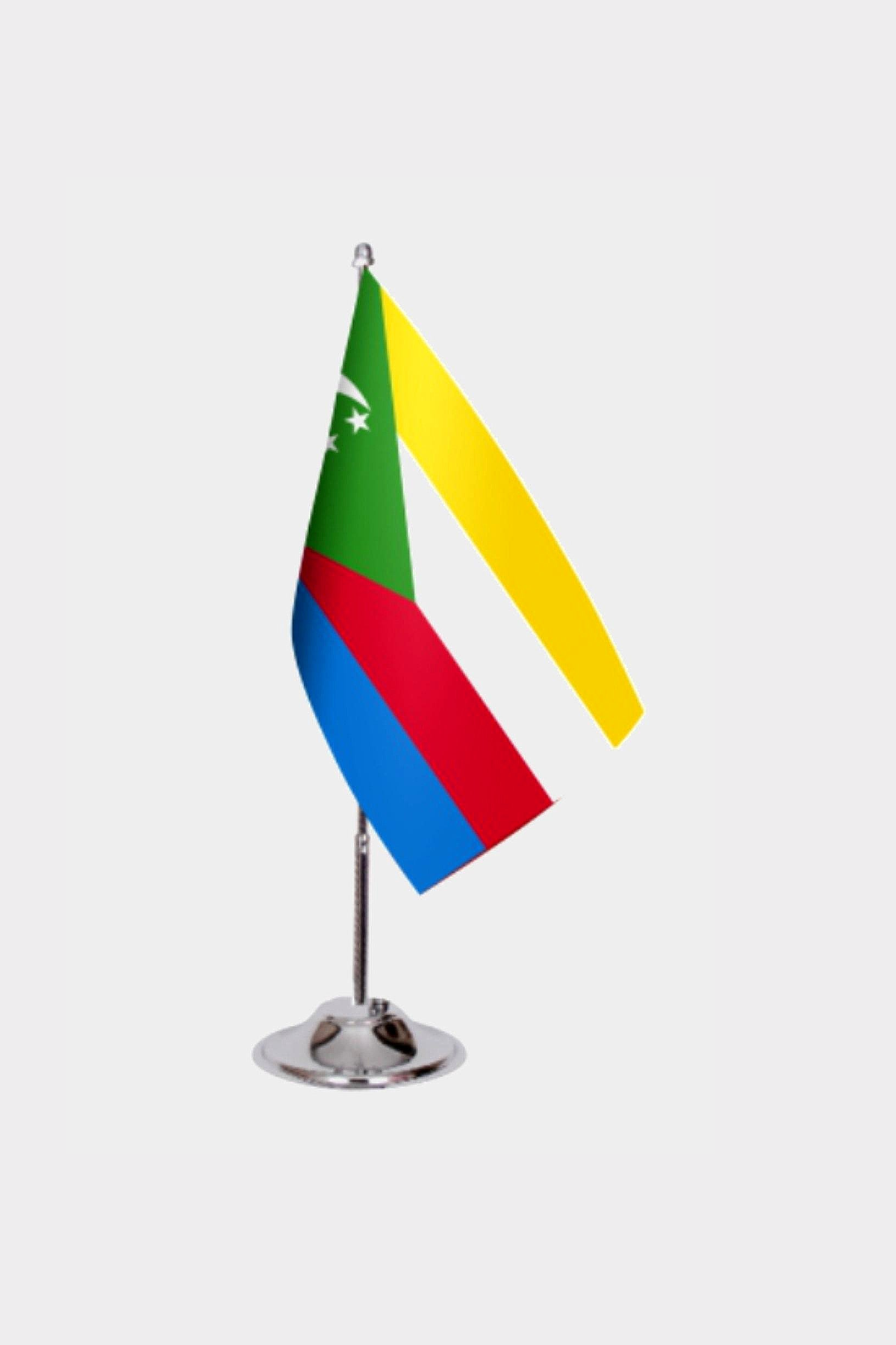 Comoros Desk Flag - Premium Double-Layer Satin with Chrome L-Shaped Stand | Professional Quality Country Desk Flag for Government Offices and Institutions