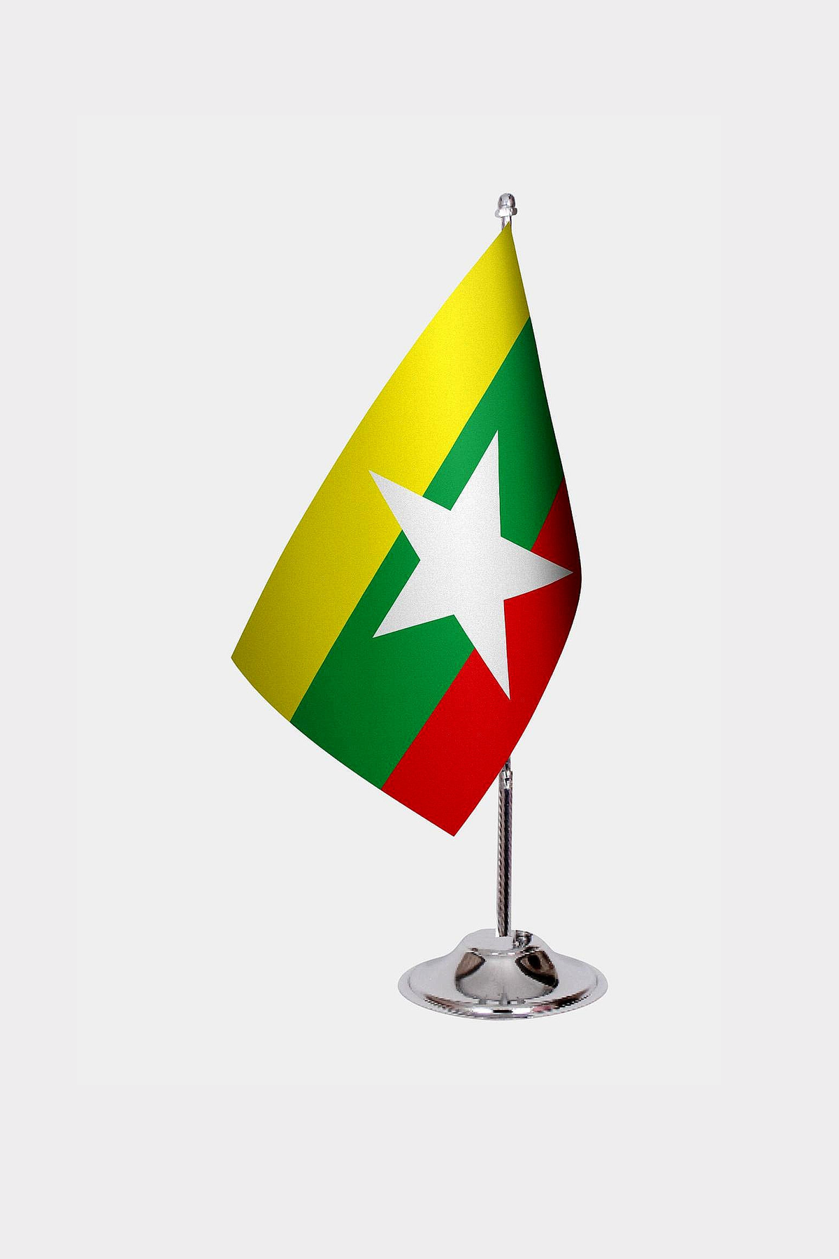 Myanmar Desk Flag - Premium Double-Layer Satin with Chrome L-Shaped Stand | Professional Quality Country Desk Flag for Government Offices and Institutions