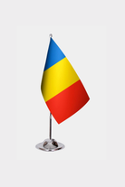 Romania Desk Flag - Premium Double-Layer Satin with Chrome L-Shaped Stand | Professional Quality Country Desk Flag for Government Offices and Institutions
