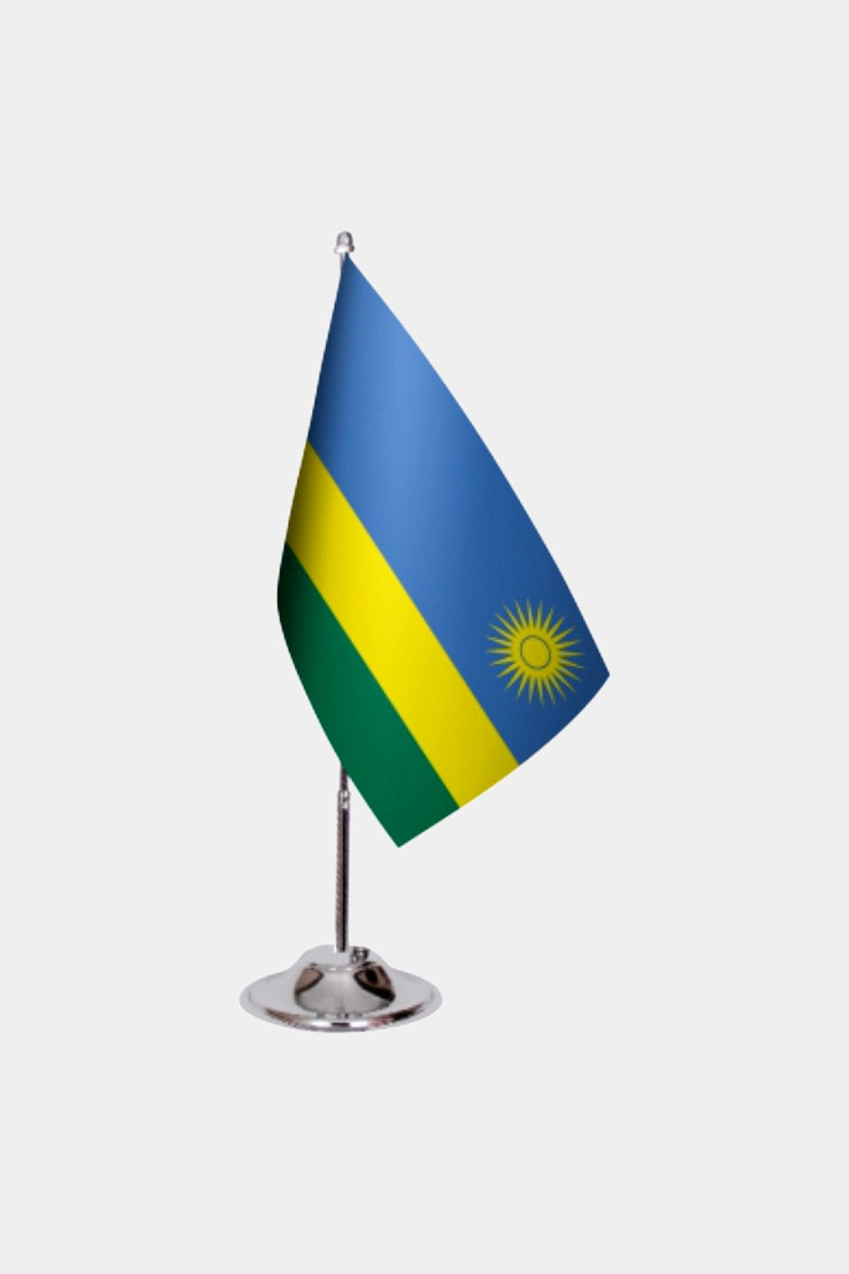Rwanda Desk Flag - Premium Double-Layer Satin with Chrome L-Shaped Stand | Professional Quality Country Desk Flag for Government Offices and Institutions