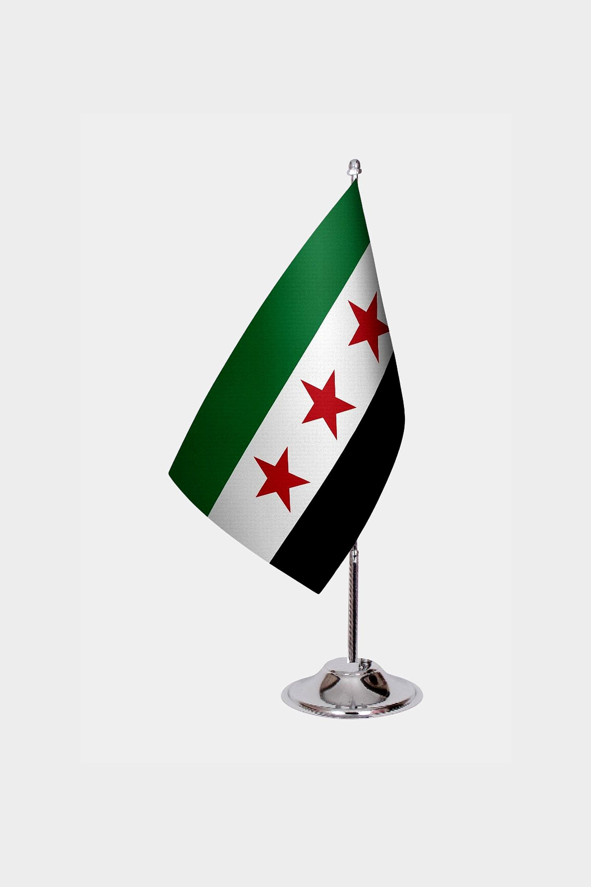 Syria Desk Flag - Premium Double-Layer Satin with Chrome L-Shaped Stand | Professional Quality Country Desk Flag for Government Offices and Institutions