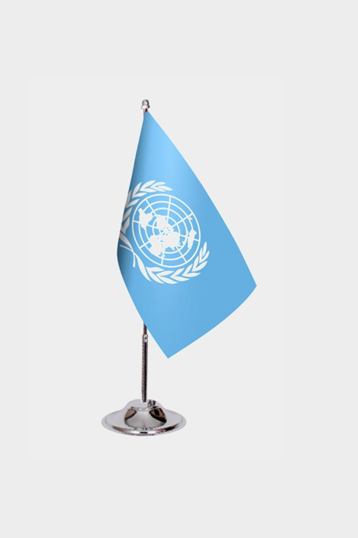 United Nations Desk Flag - Premium Double-Layer Satin with Chrome L-Shaped Stand | Professional Quality Country Desk Flag for Government Offices and Institutions
