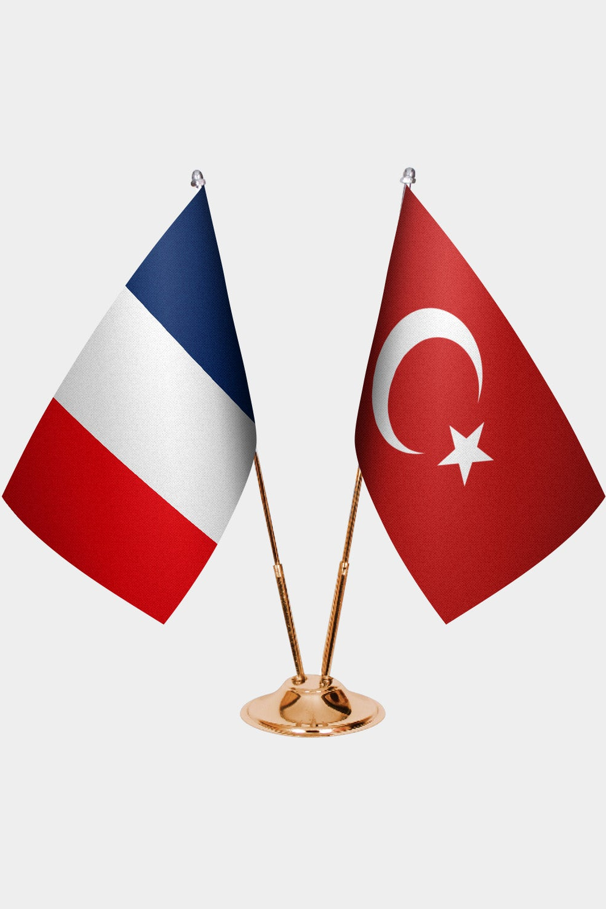 France and Türkiye dual desk flag set with gold pedestal, satin office table flag