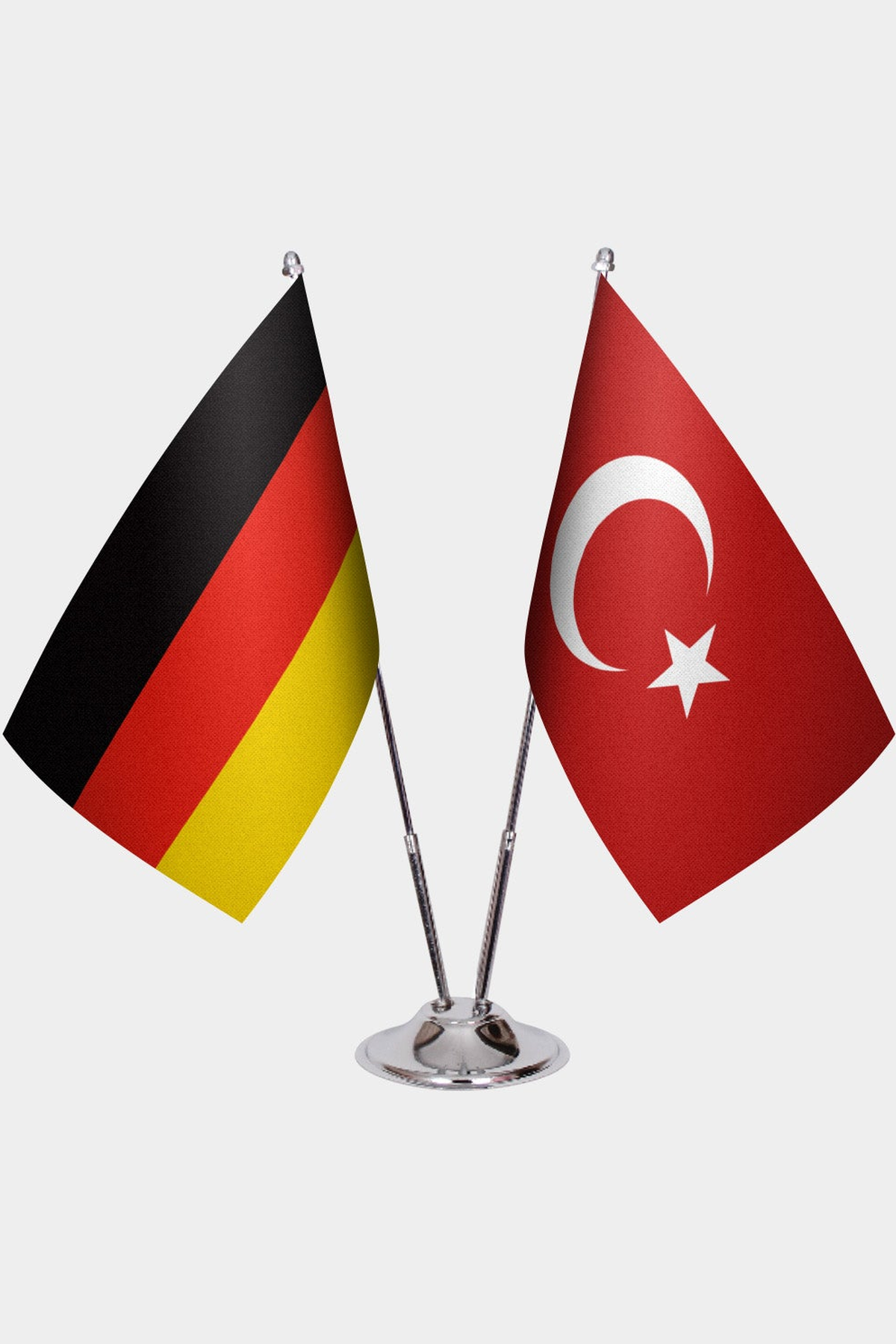 Germany and Türkiye dual desk flag set with chrome silver pedestal, satin office table flag