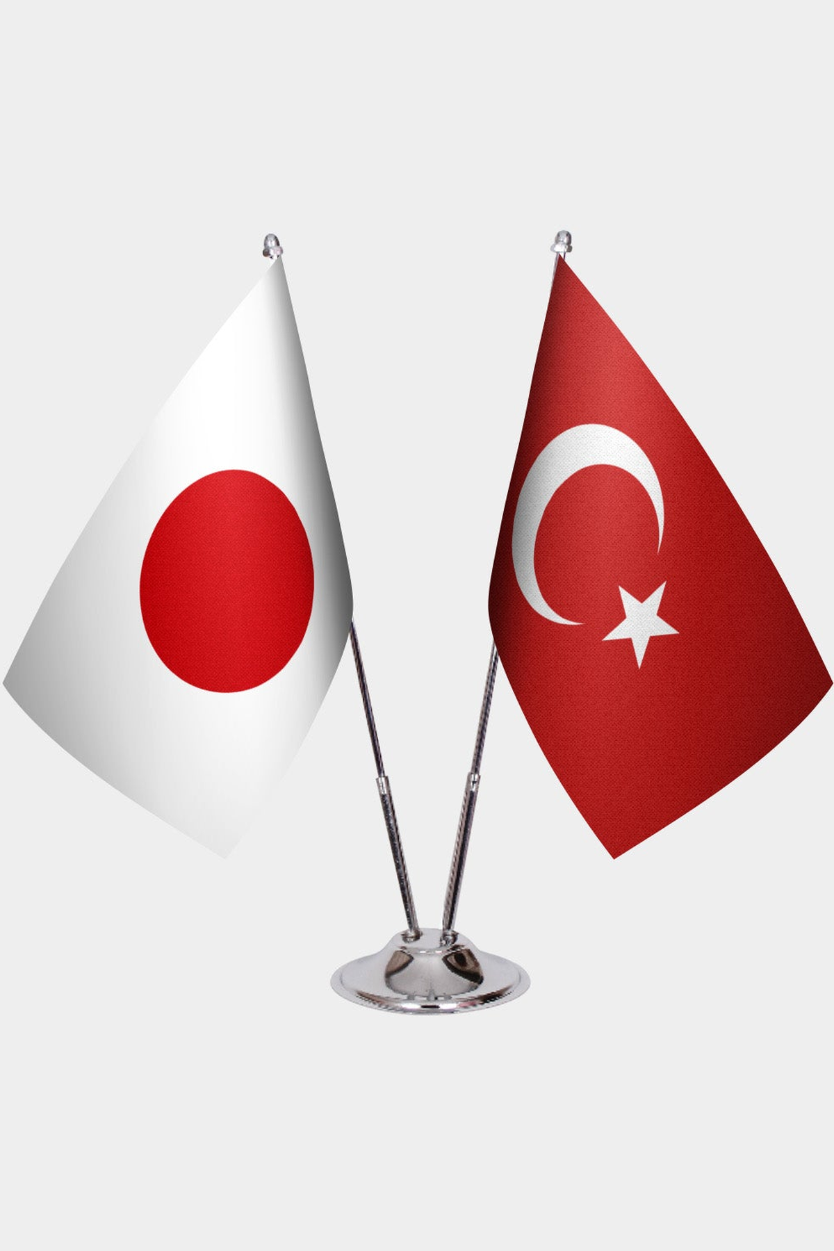 Japan and Türkiye dual desk flag set with chrome silver pedestal, satin office table flag