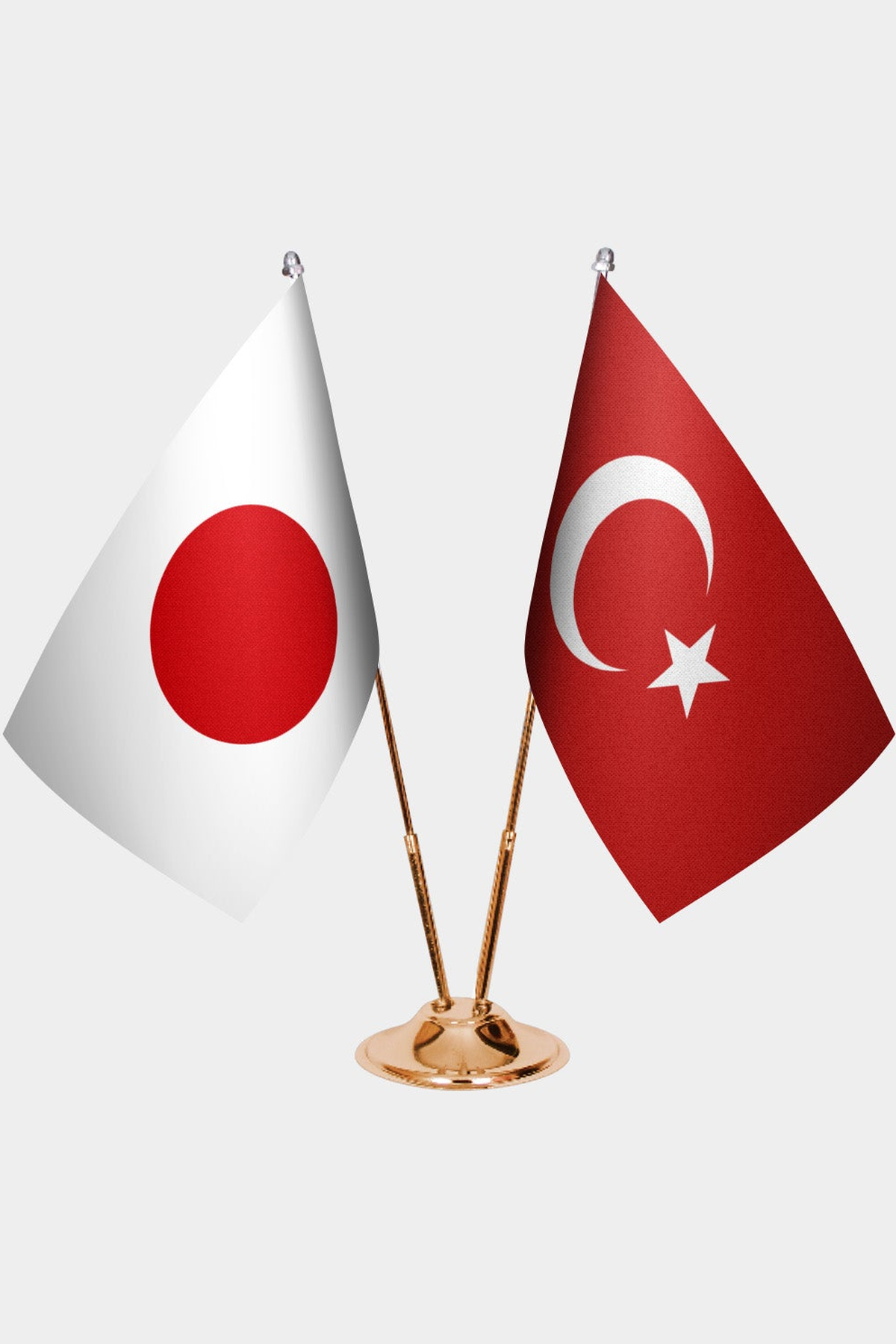 Japan and Türkiye dual desk flag set with gold pedestal, satin office table flag