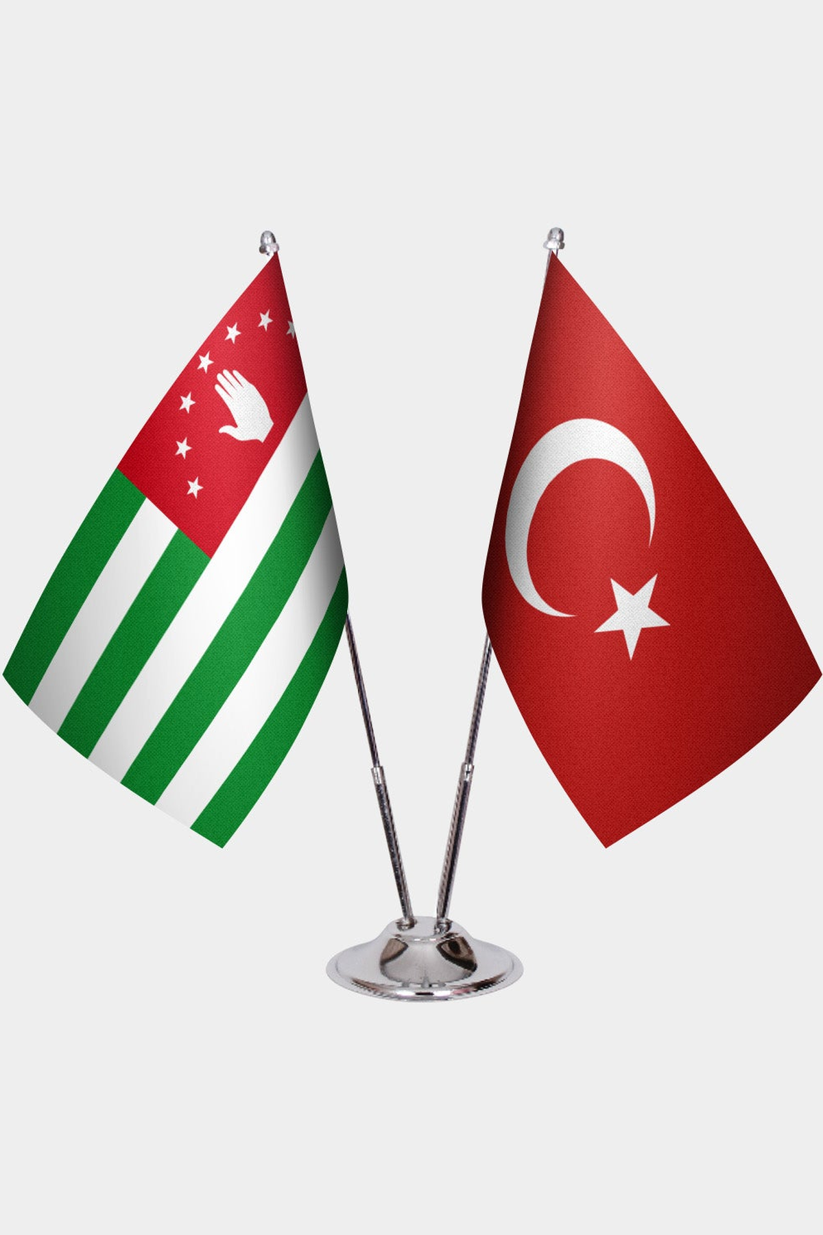 Abkhazia and Türkiye dual desk flag set with chrome silver pedestal, satin office table flag