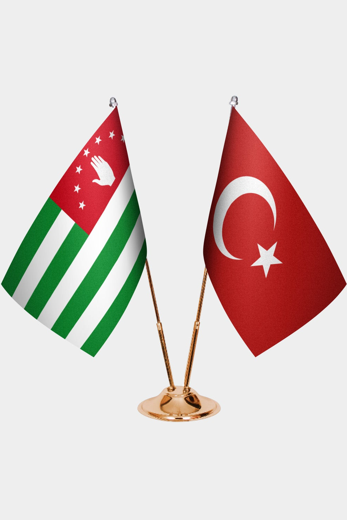 Abkhazia and Türkiye dual desk flag set with gold pedestal, satin office table flag