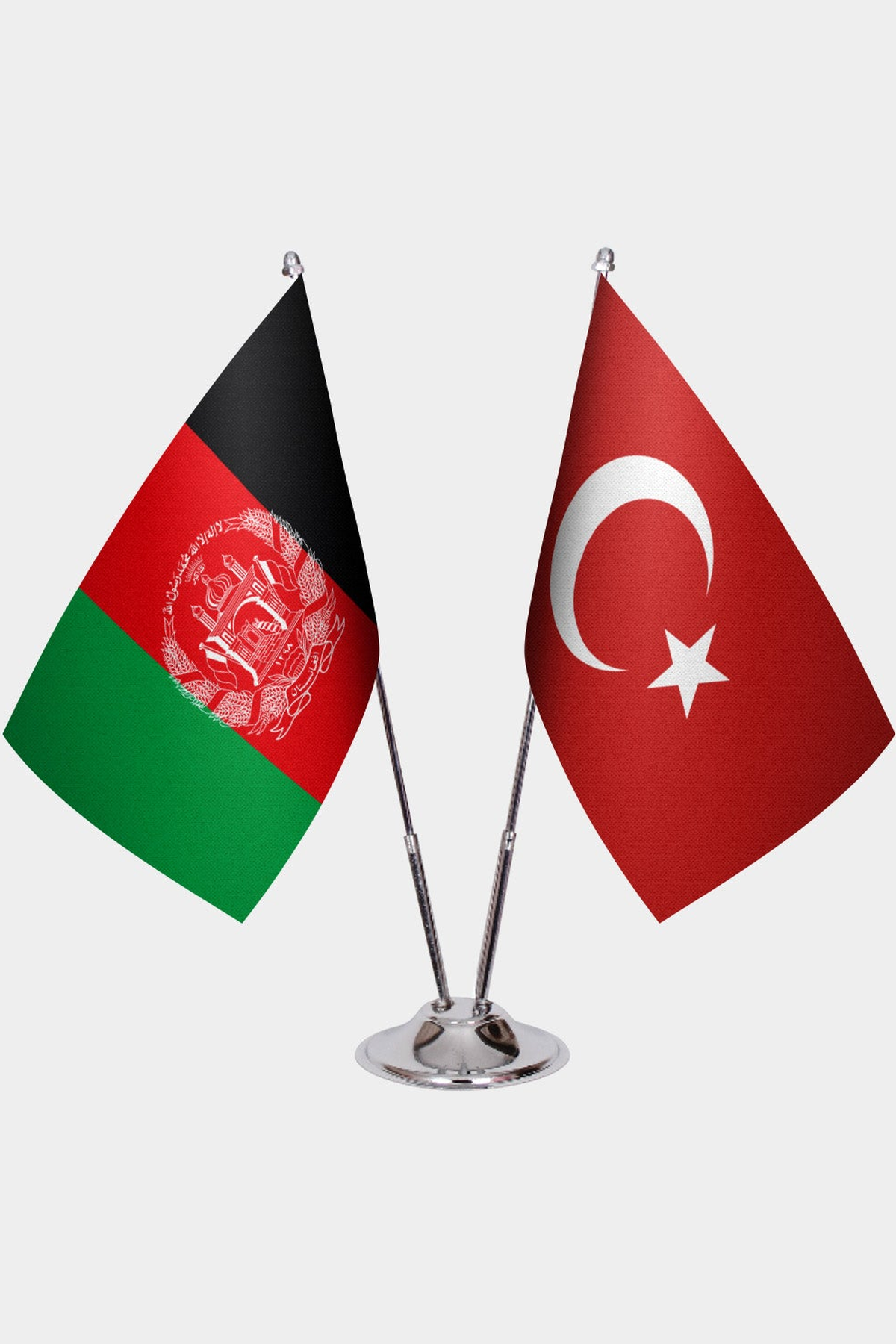 Afghanistan and Türkiye dual desk flag set with chrome silver pedestal, satin office table flag