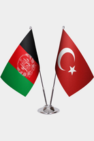 Afghanistan and Türkiye dual desk flag set with chrome silver pedestal, satin office table flag