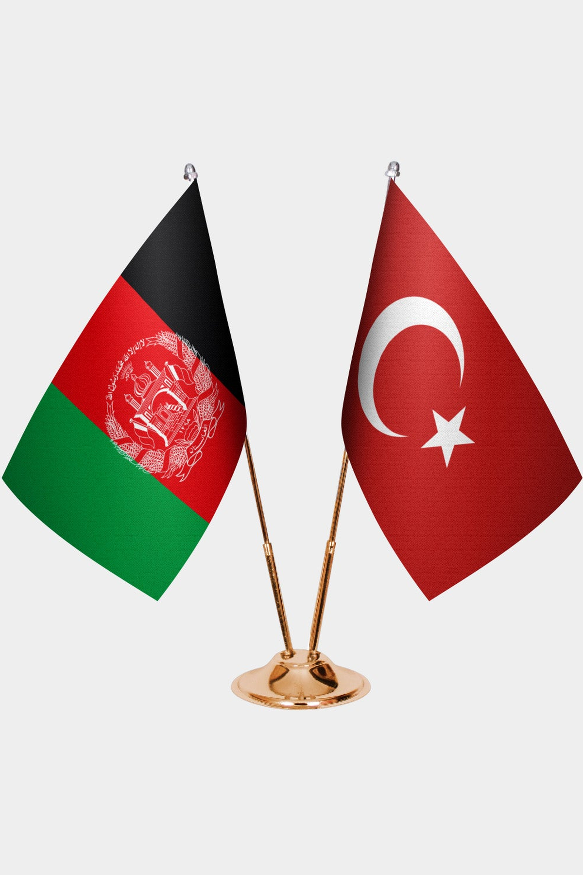 Afghanistan and Türkiye dual desk flag set with gold pedestal, satin office table flag