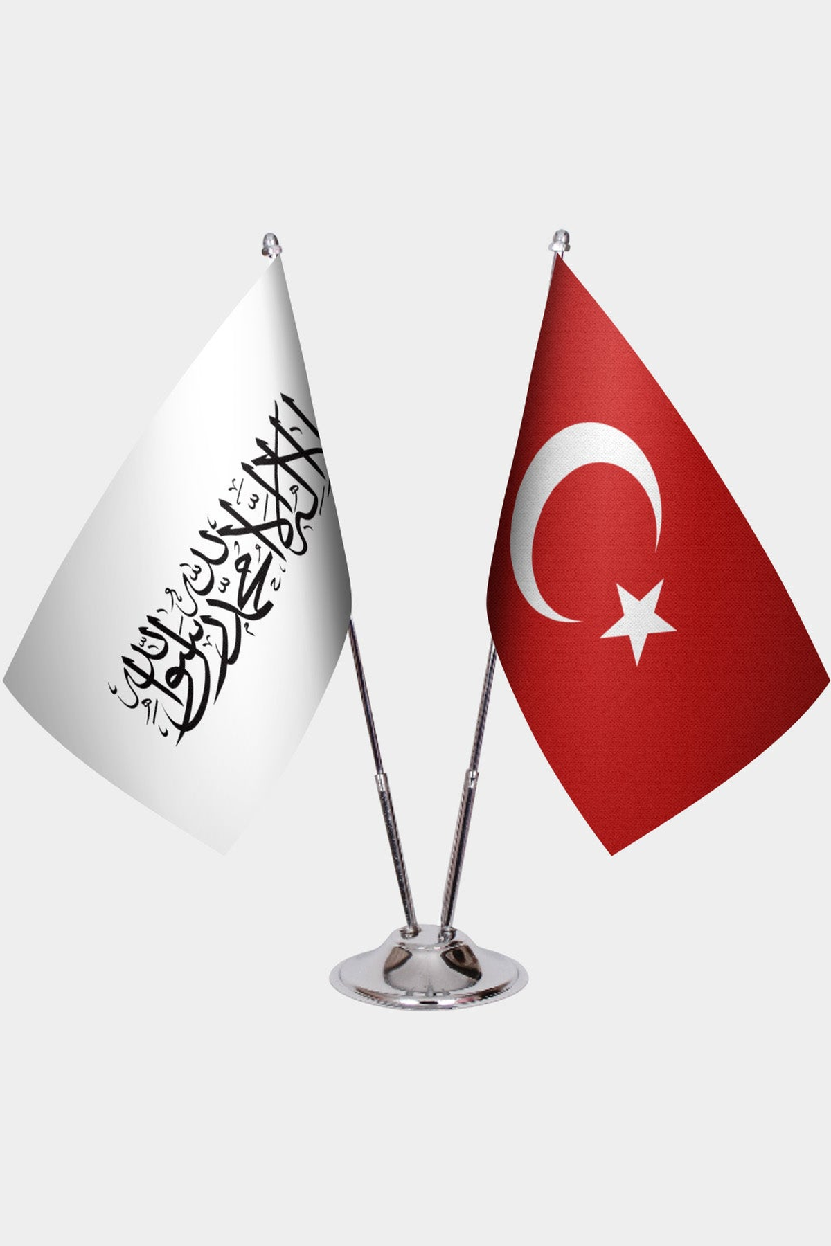 Afghanistan (New Flag) and Türkiye dual desk flag set with chrome silver pedestal, satin office table flag