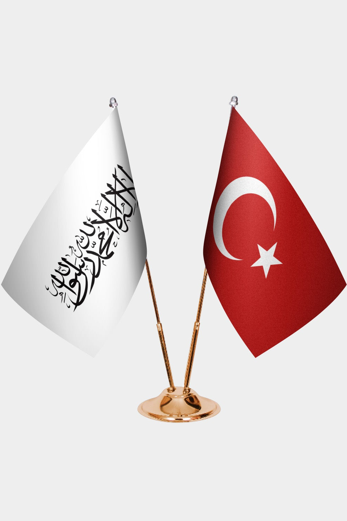 Afghanistan (New Flag) and Türkiye dual desk flag set with gold pedestal, satin office table flag