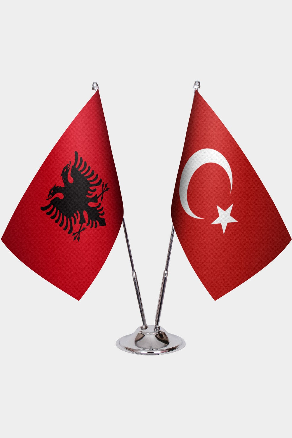 Albania and Türkiye dual desk flag set with chrome silver pedestal, satin office table flag