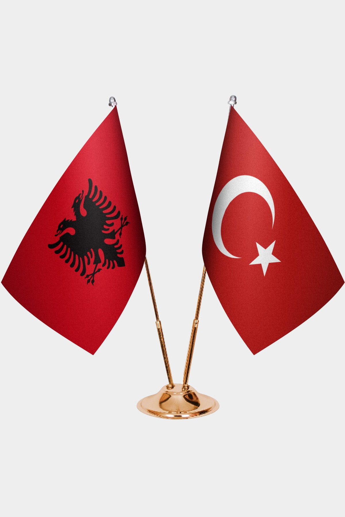 Albania and Türkiye dual desk flag set with gold pedestal, satin office table flag