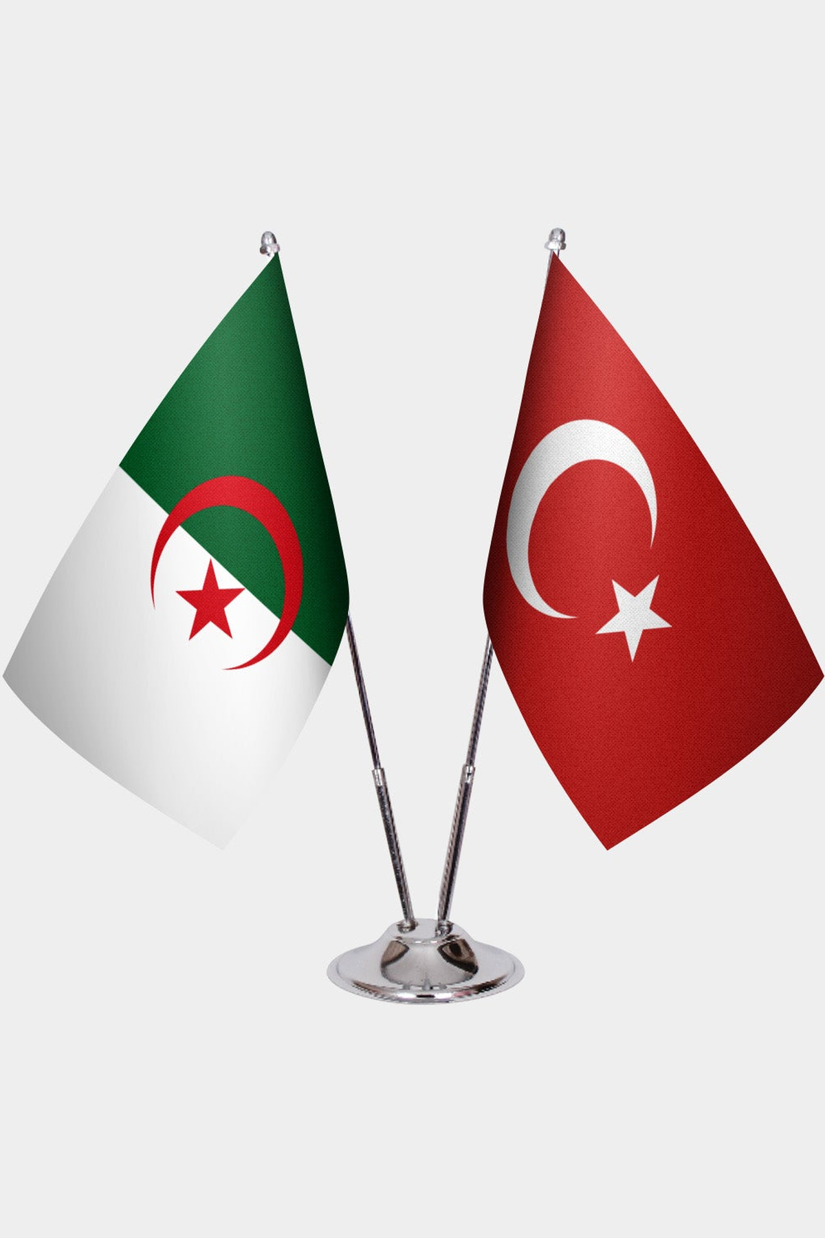 Algeria and Türkiye dual desk flag set with chrome silver pedestal, satin office table flag